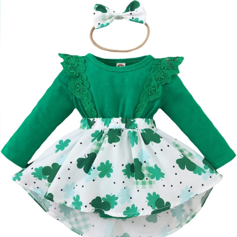 Noubeau Infant St.Patrick's Day Dress Long Sleeve Clover Print Skirt+Headband
